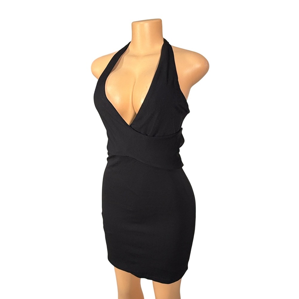 Bebe Halter Mini Dress Womens Size M Black Excellent Bodycon V-Neck Wrap Bodice